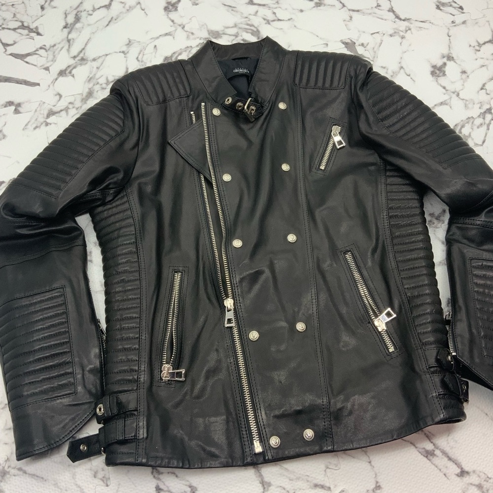 Men's Black Silver Motorcycle Lambskin Genuine Leather Jacket